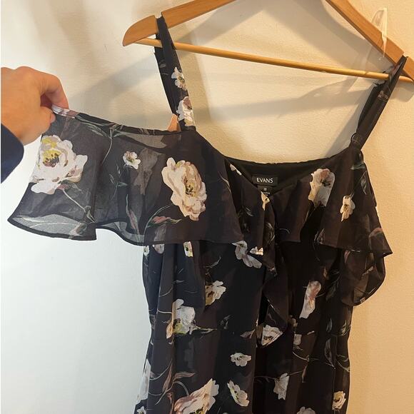 Evan Black Floral Midi Dress Size 18 Ruffle Sleeve NWT‎ High-Lo - Picture 6 of 8